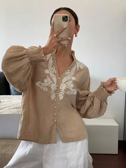 Embroidered Notched Long Sleeve Blouse - -