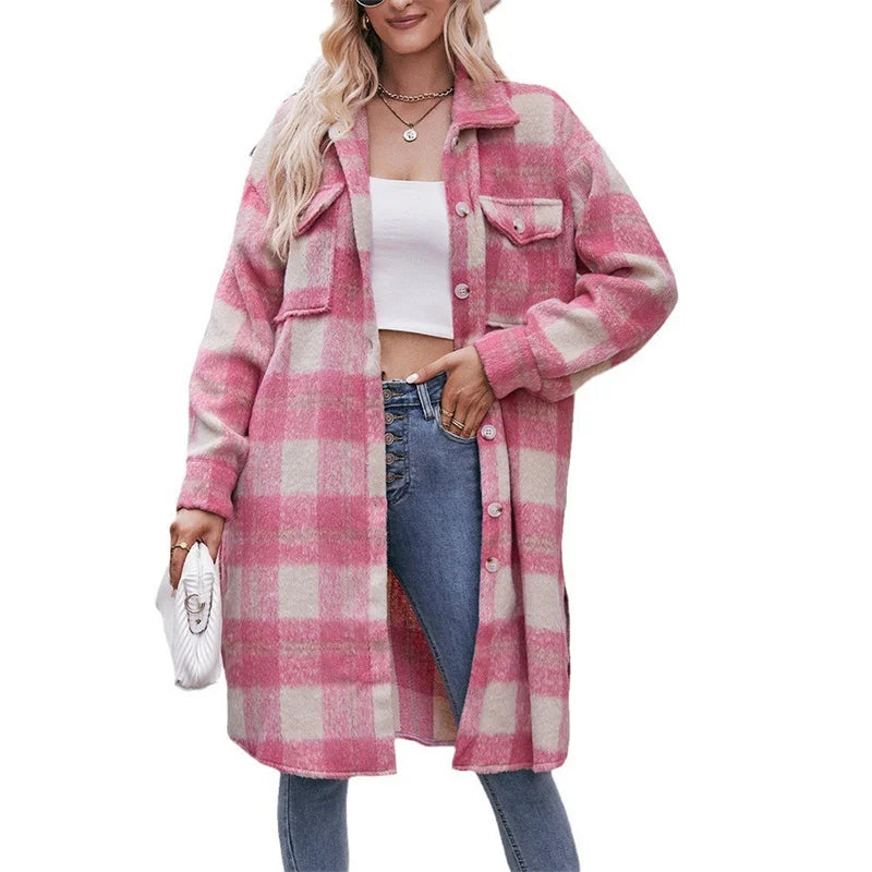 Long Jacket Women's New Pocket Plaid Long Coat Loose Mohair Long Plaid Coat Pink