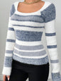 Striped Fuzzy Long Sleeve Sweater - Dusty Blue -