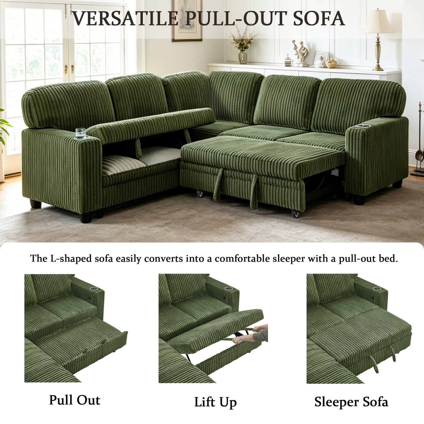 Sofa Bed L-Shape Corduroy Olive Green 5 Seat Pull-Out USB Ports 81 In- NIKKI CASA- {{Product type}}