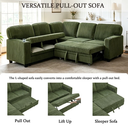 Sofa Bed L-Shape Corduroy Olive Green 5 Seat Pull-Out USB Ports 81 In- NIKKI CASA- {{Product type}}