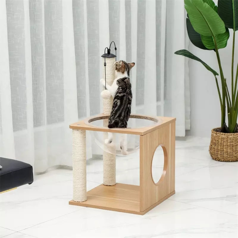 Wood Cat Tree House Tower Sisal Scratching Post Space Capsule