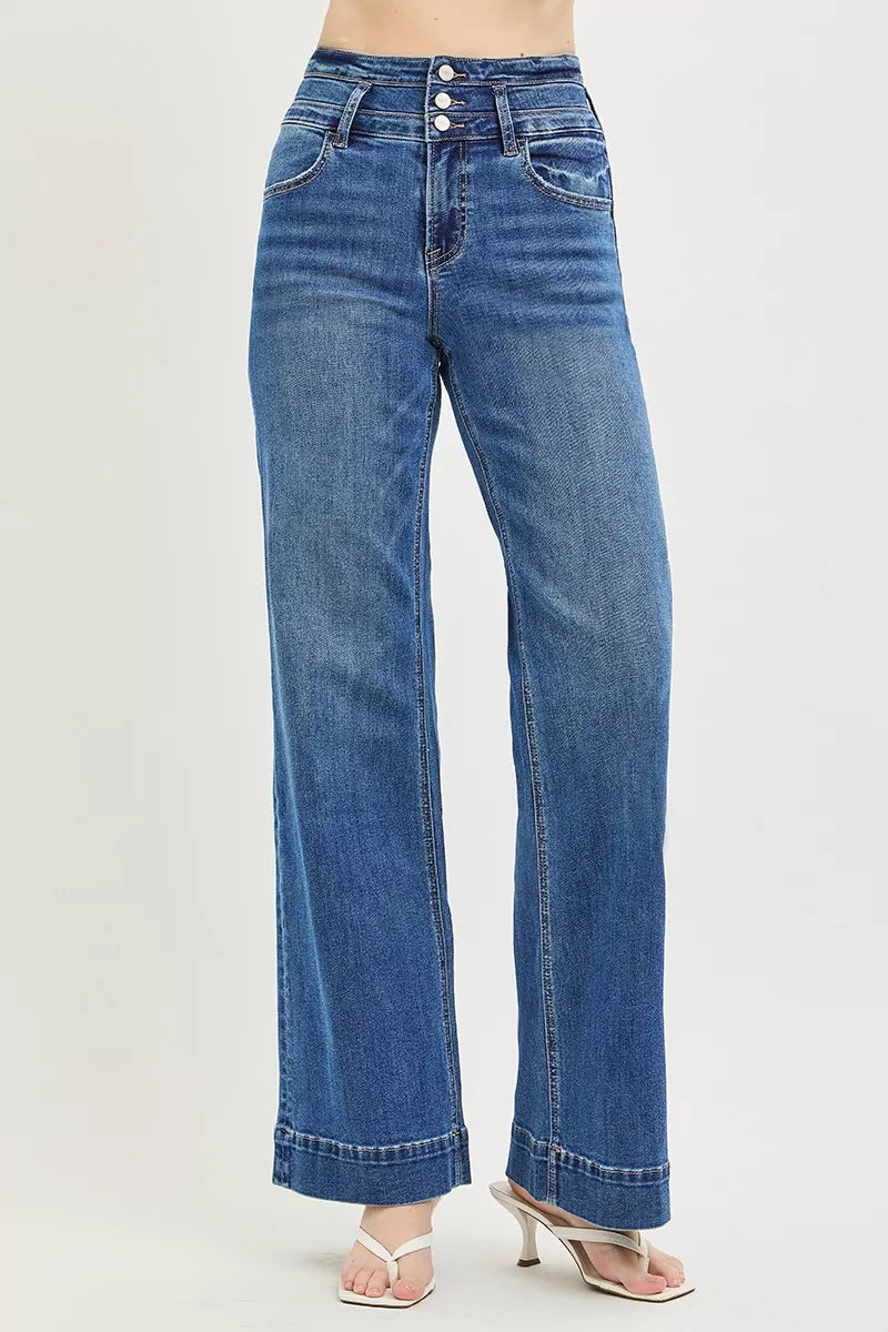 RISEN High Rise Wide Leg Wide Band Detail Jeans - - jeans