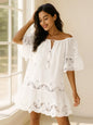 Eyelet Embroidered Tassel Tie Neck Dress - White -