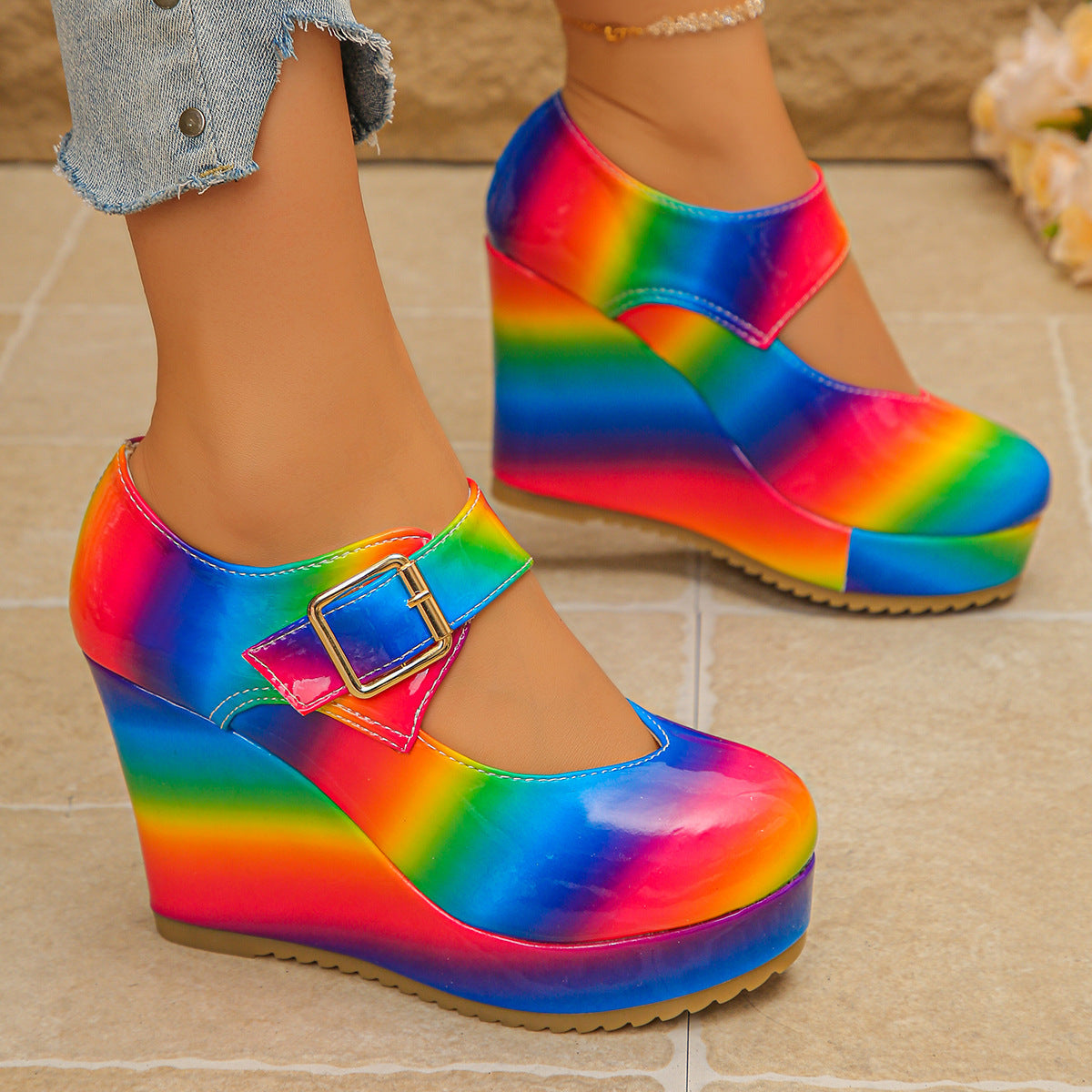 Colorful Round Toe Wedge Mary Jane Loafers- Shopimist- {{Product type}}