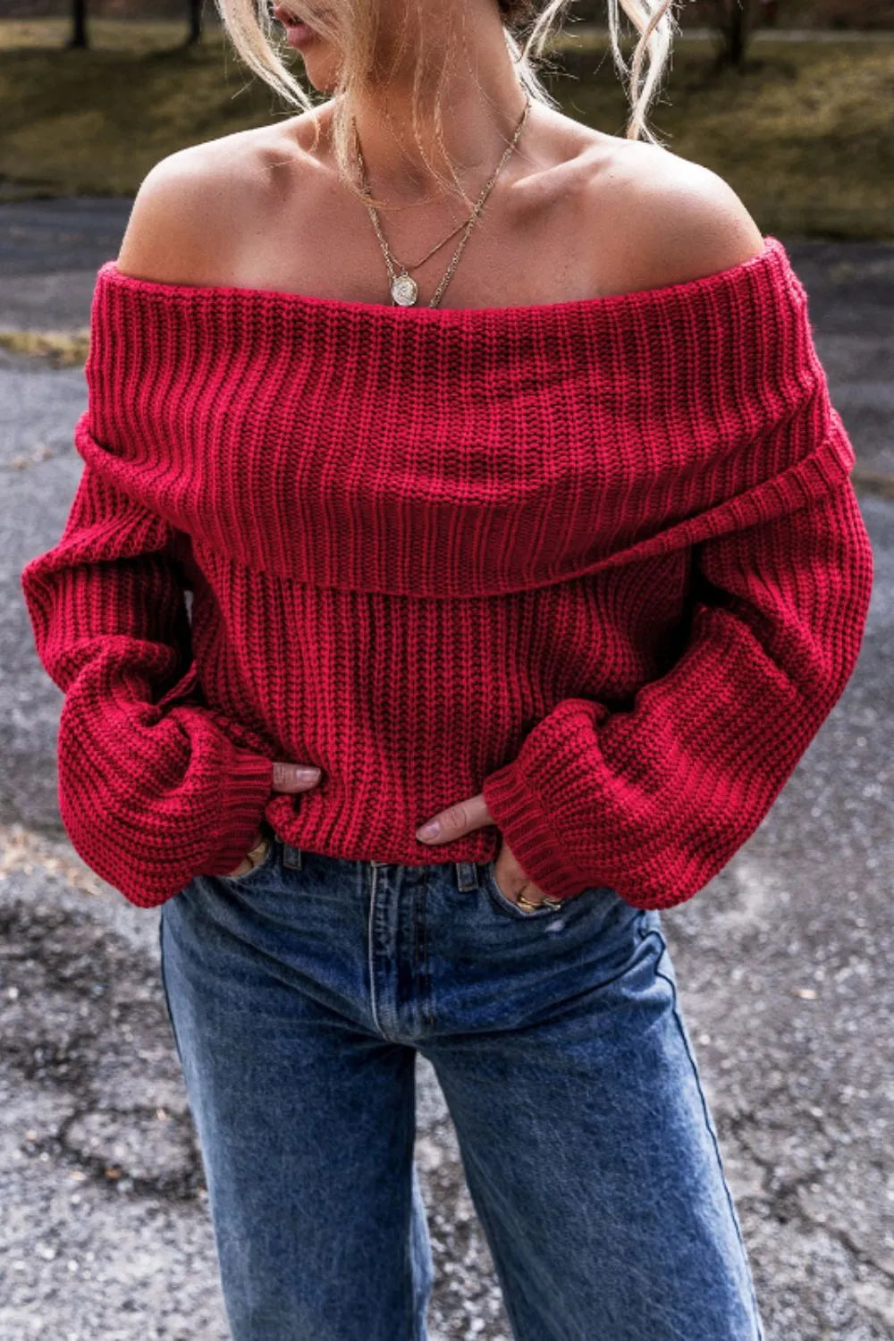 Off-Shoulder Long Sleeve Sweater - Deep Red -