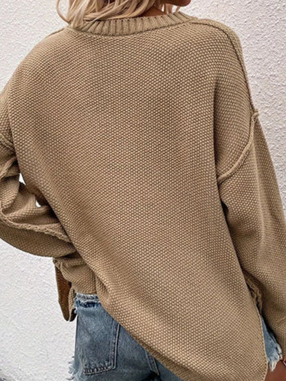 Button Detail Long Sleeve Knit Top - -