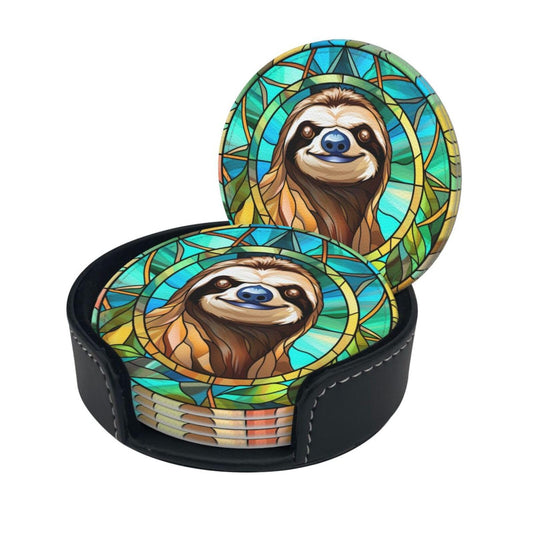 Sloth Leather Coaster Set - 6 Pcs with Holder - - coasters