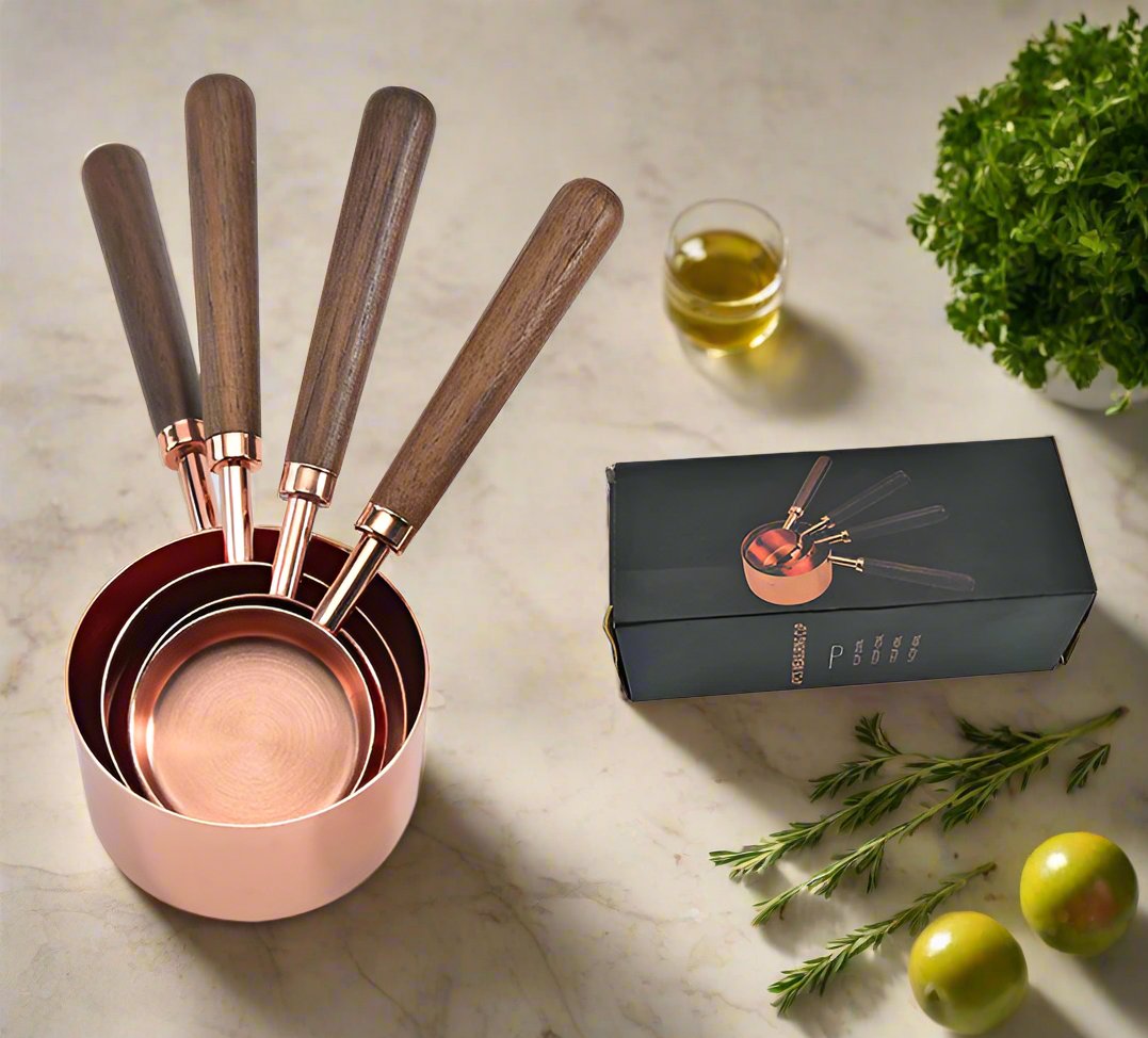 Measuring Set Rose Gold Wooden Handle Stainless Steel Measuring Cups and Spoons