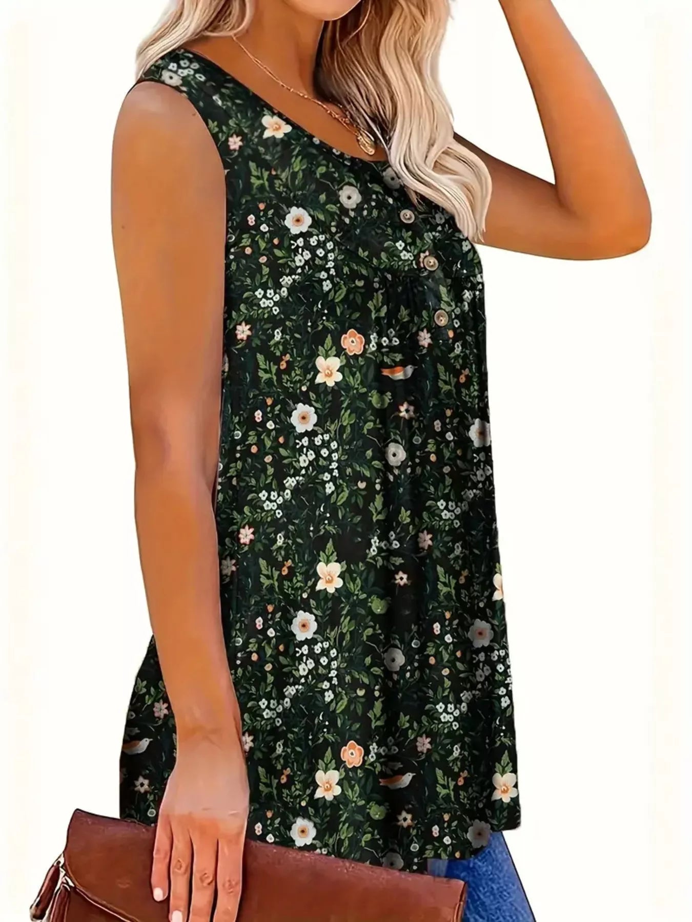 Full Size Floral Print Button Detail Tank Plus Size- Shopimist- {{Product type}}
