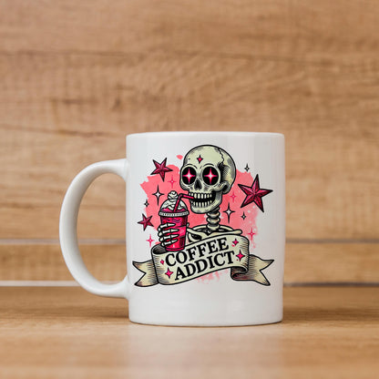 Coffee Addict Mug – Pink Skull Coffee Cup | Funny Caffeine Lover Gift, Ceramic, Dishwasher Safe - -
