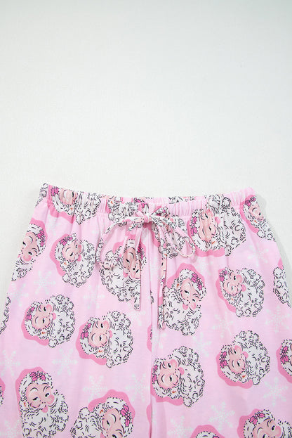 Pink Santa Claus Print V Neck Tee Drawstring Pants 2pcs Lounge Set - - Loungewear & Sleepwear/Loungewear