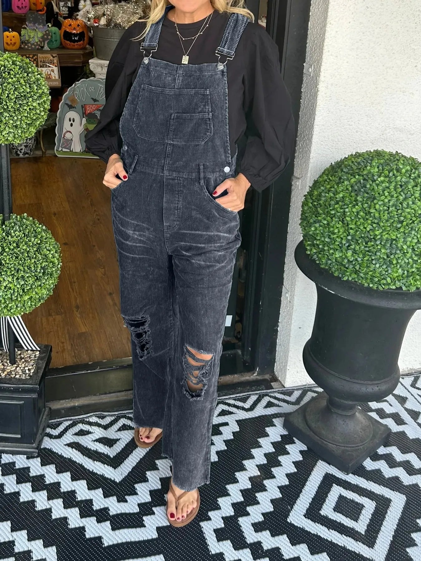 Distressed Wide Leg Corduroy Overalls - Black -