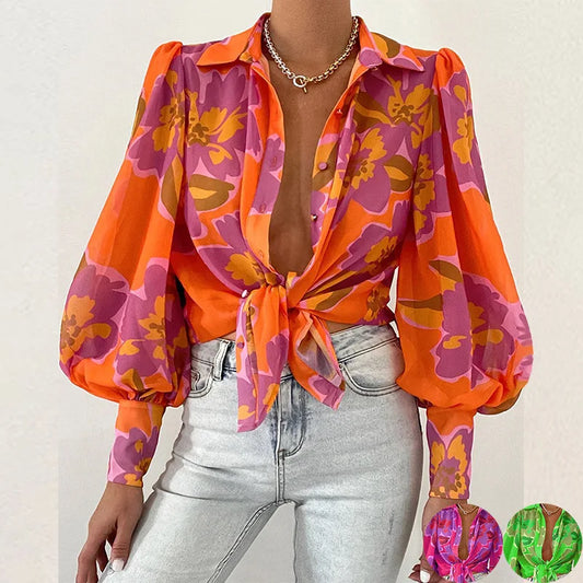 Puff Sleeve Flower Print Crop Top Blouse Long Sleeve Shirt Women Blouse