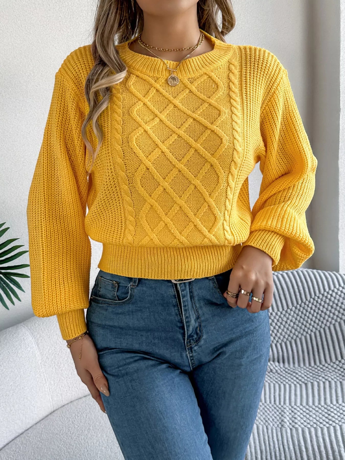 Cable Knit Diamond Pattern Long Sleeve Sweater - Yellow -