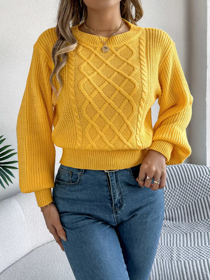 Cable Knit Diamond Pattern Long Sleeve Sweater - Yellow -