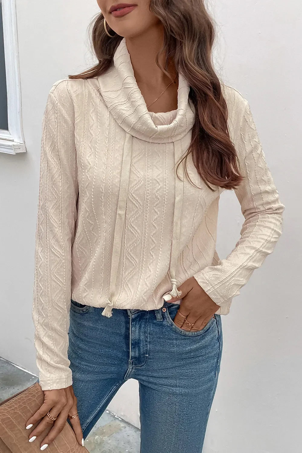Perfee Tied Mock Neck Long Sleeve Knit Top - Beige -