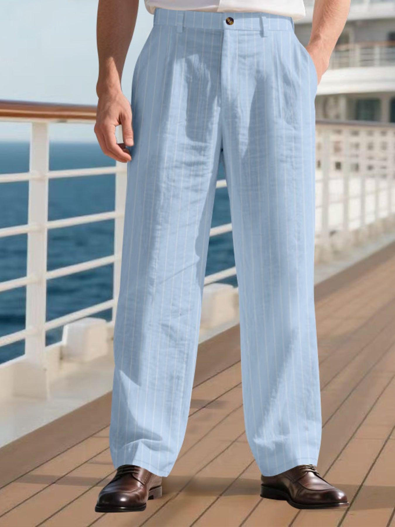 Men's Full Size Striped Wide Leg Pant Plus Size - Light Blue -