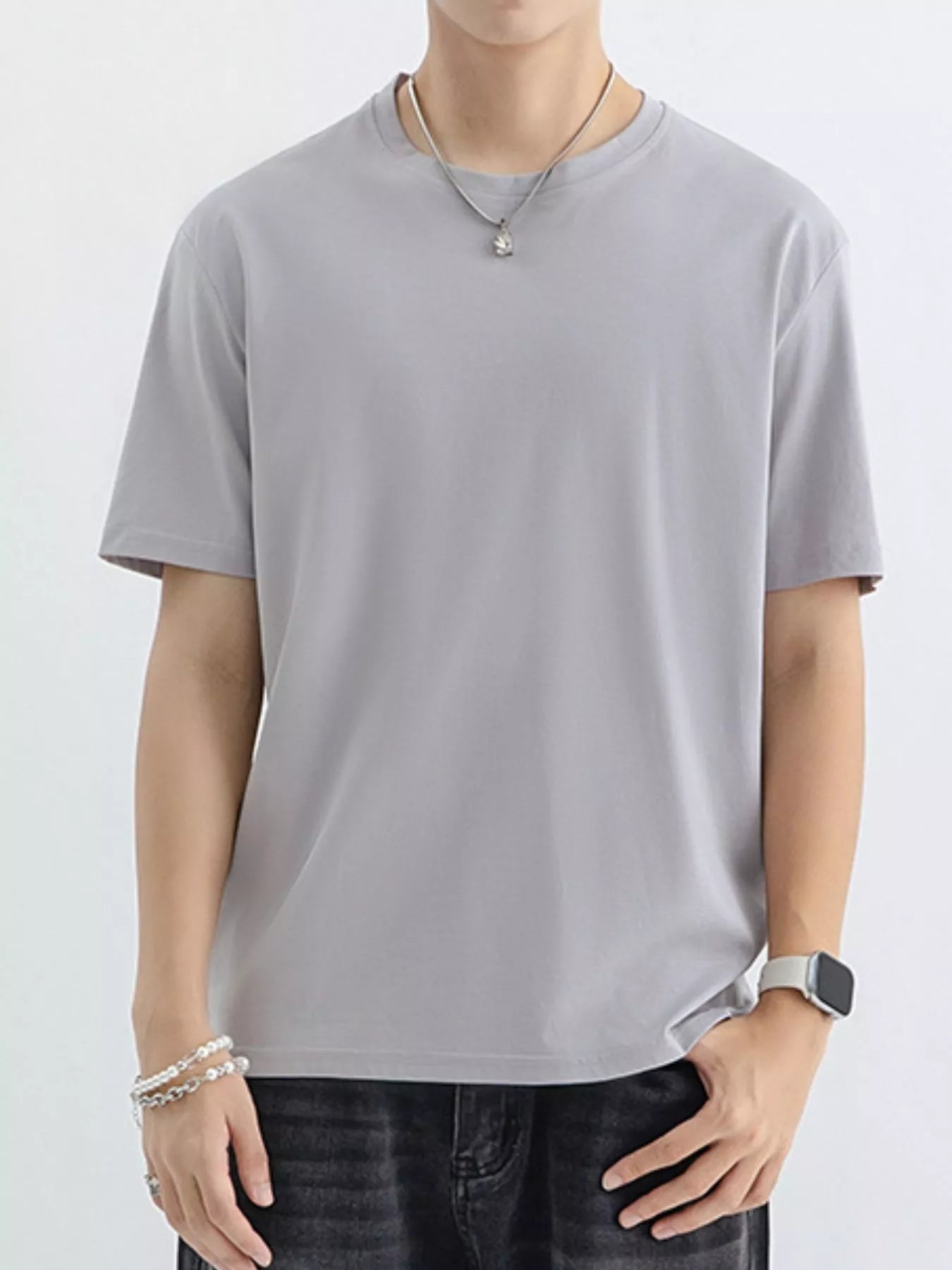 Men's Plus Size Casual Solid Color T-Shirt - Light Gray -