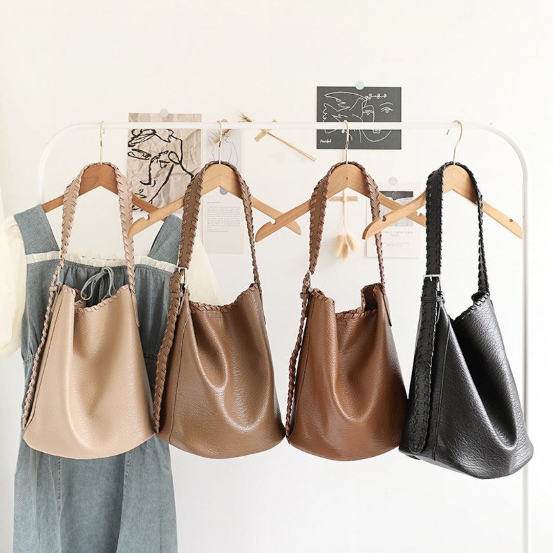 Elegant Woven Shoulder Strap Bucket Bag for Female - Versatile Texture Soft PU Retro Casual Tote - -