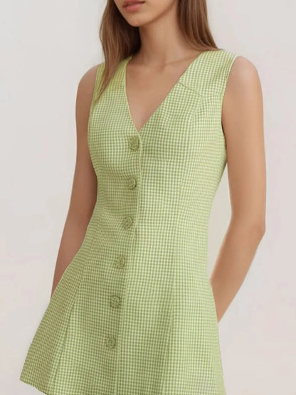 Gingham Button-Front A-Line Mini Dress - Matcha Color -