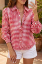 Plaid Long Sleeve Button Down Frill Detail Casual Shirt - Dusty Pink -