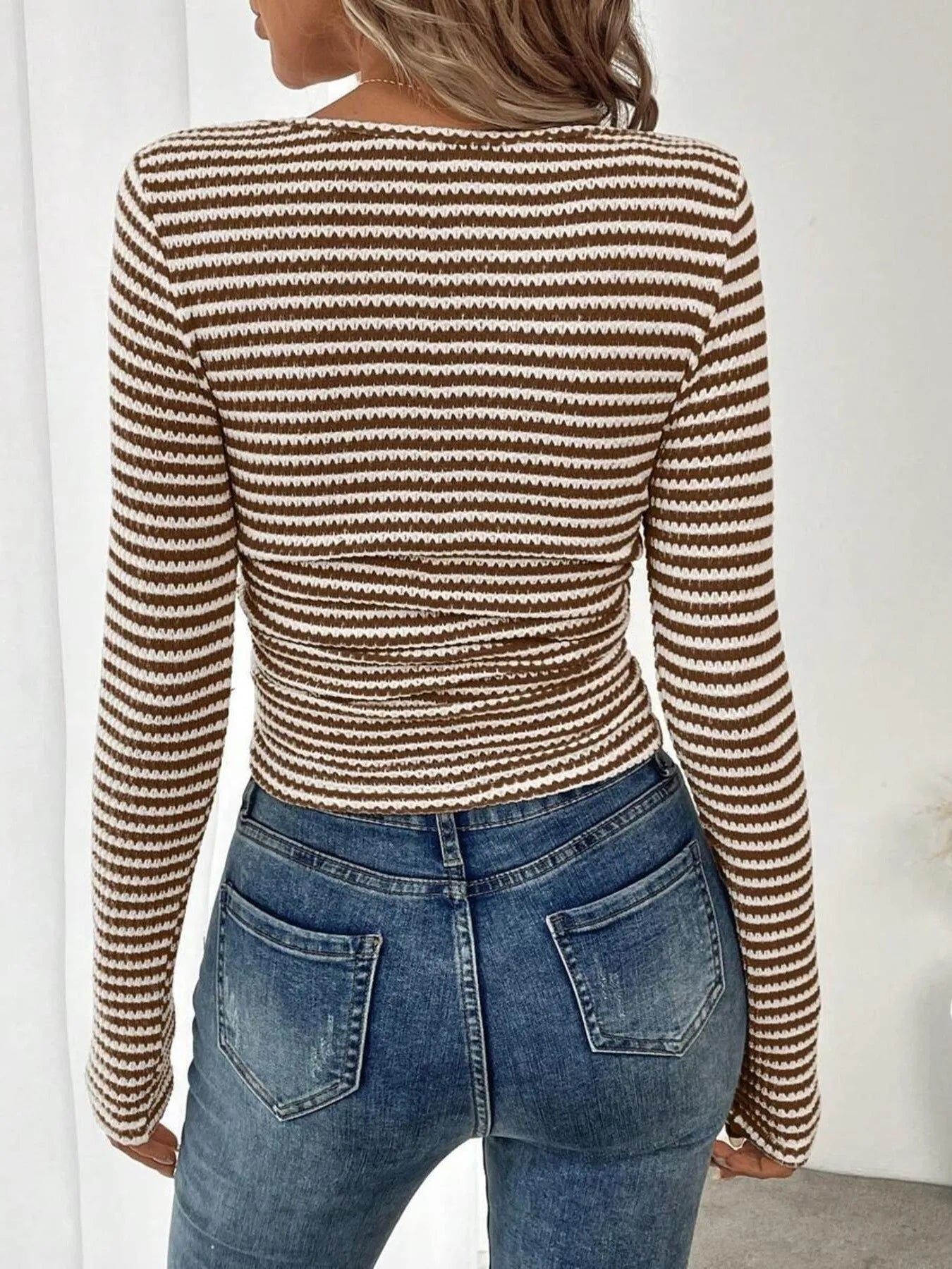 Striped Square Neck Long Sleeve T-Shirt - -