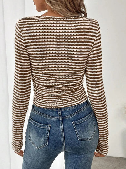Striped Square Neck Long Sleeve T-Shirt - -
