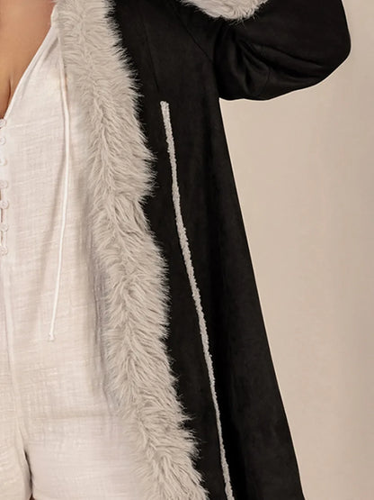 Plus Size Fuzzy Trim Open Front Long Sleeve Hooded Coat - -