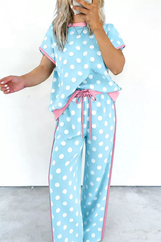 Polka Dot Contrast Trim Top and Pants Set - Pastel Blue - pajamas