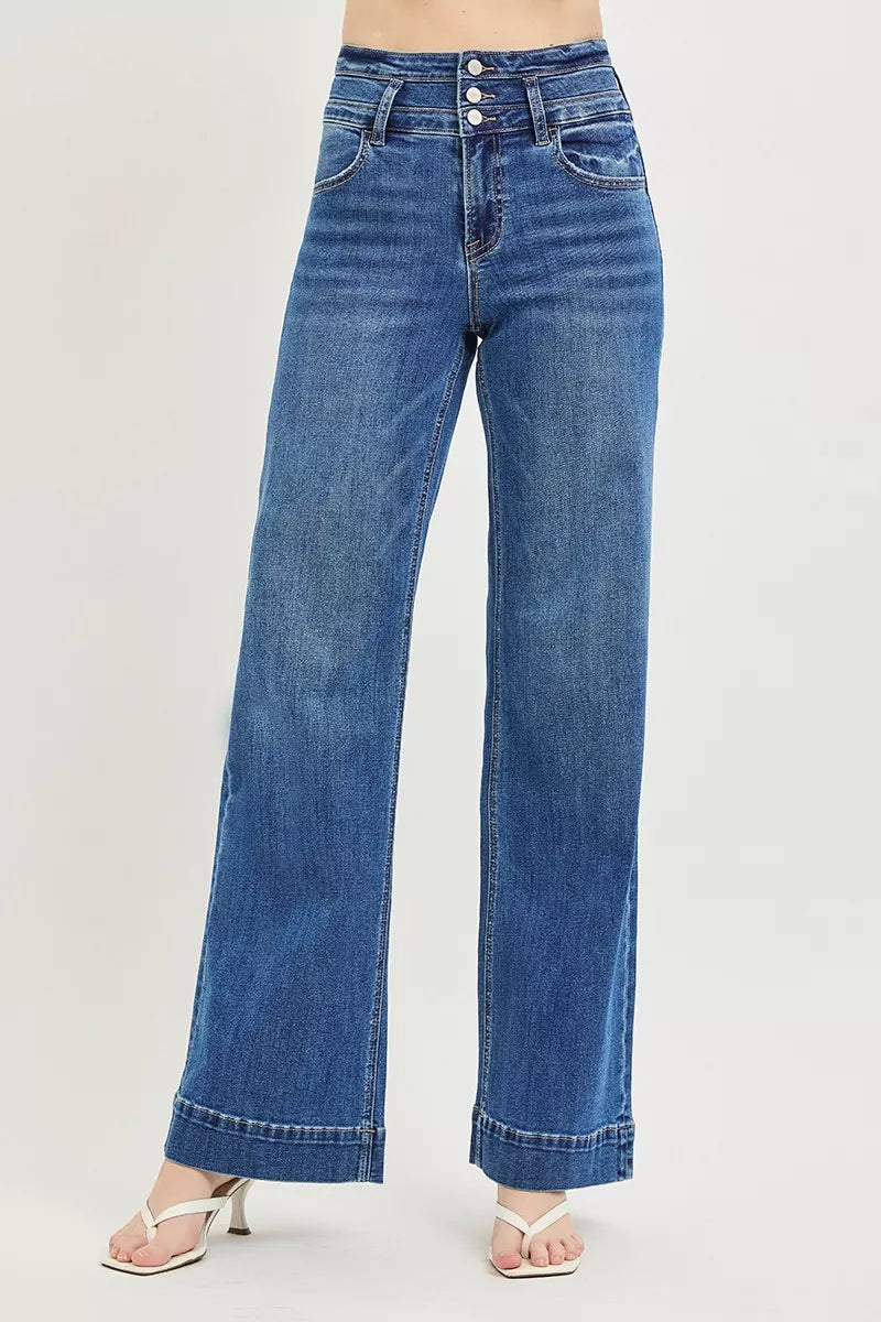 RISEN High Rise Wide Leg Wide Band Detail Jeans - Dark - jeans
