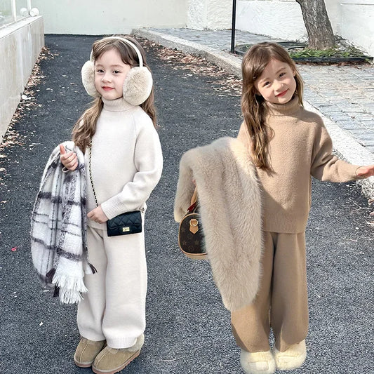 Girls Turtleneck Solid Color Sweater and Pants Set