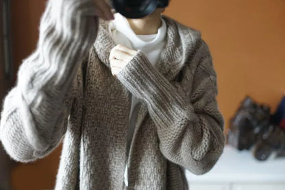 Fall Winter Women Knitted Cardigans Casual Hooded Long Sweaters