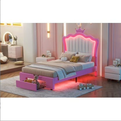 Twin Size Upholstered Bed Frame With LED Lights With Crown Headboard and Drawer - - bed frame