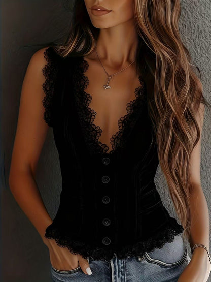 Lace Trim Button-Down Crop Tank Vest Women- FitiqueFit- {{Product type}}