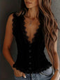 Lace Trim Button-Down Crop Tank Vest Women- FitiqueFit- {{Product type}}