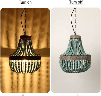 Gray Blue Rustic Wood Bead Chandelier Pendant Light - -