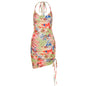 Sleeveless Backless Pleated Slim Fit Halter Dress - Khaki L - dress