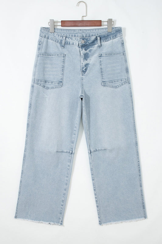 Denim Frayed Hem Cropped Straight Leg Jeans - - Bottoms/Jeans