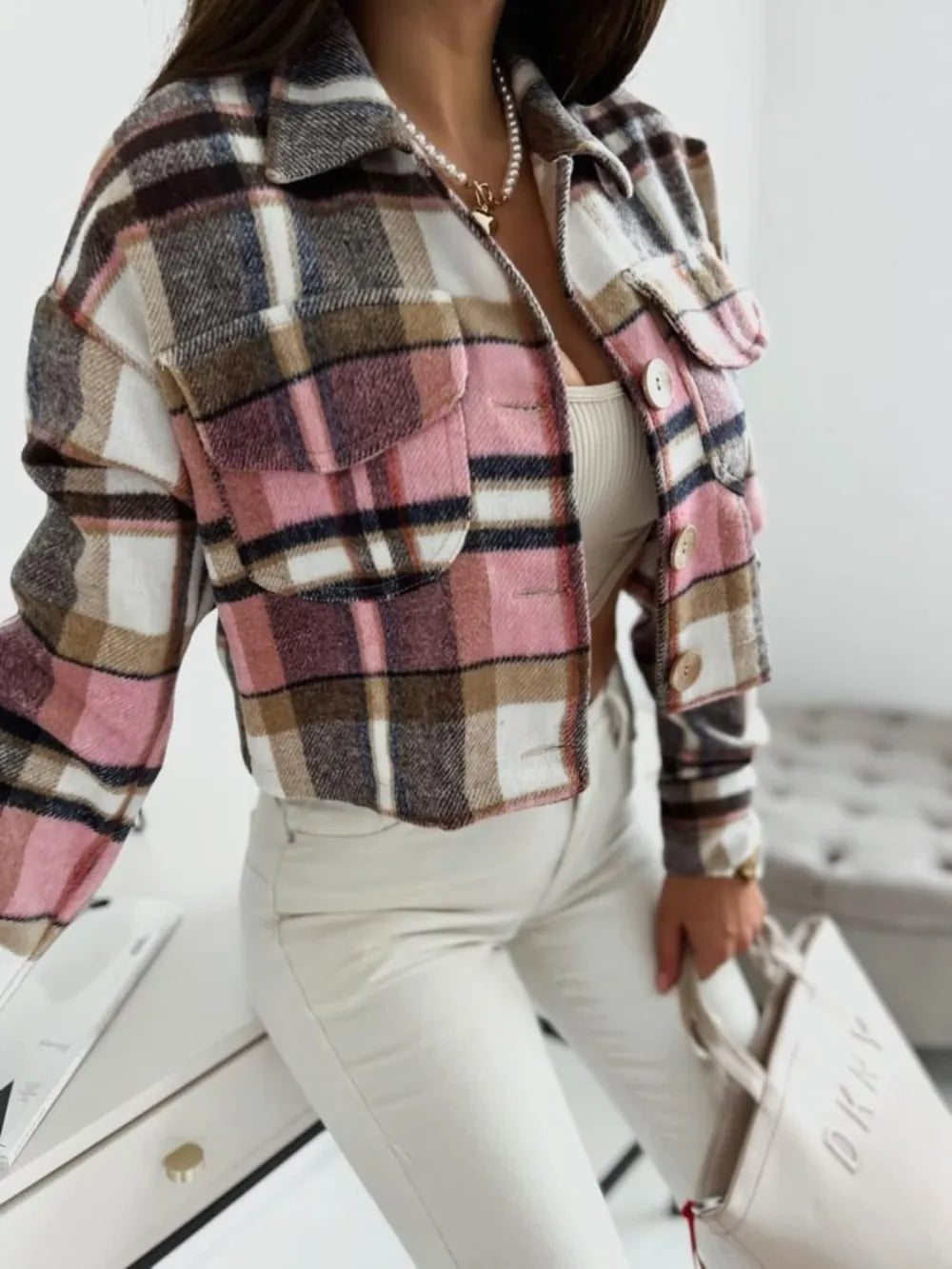 Pocketed Collared Neck Long Sleeve Plaid Jacket - Pink -