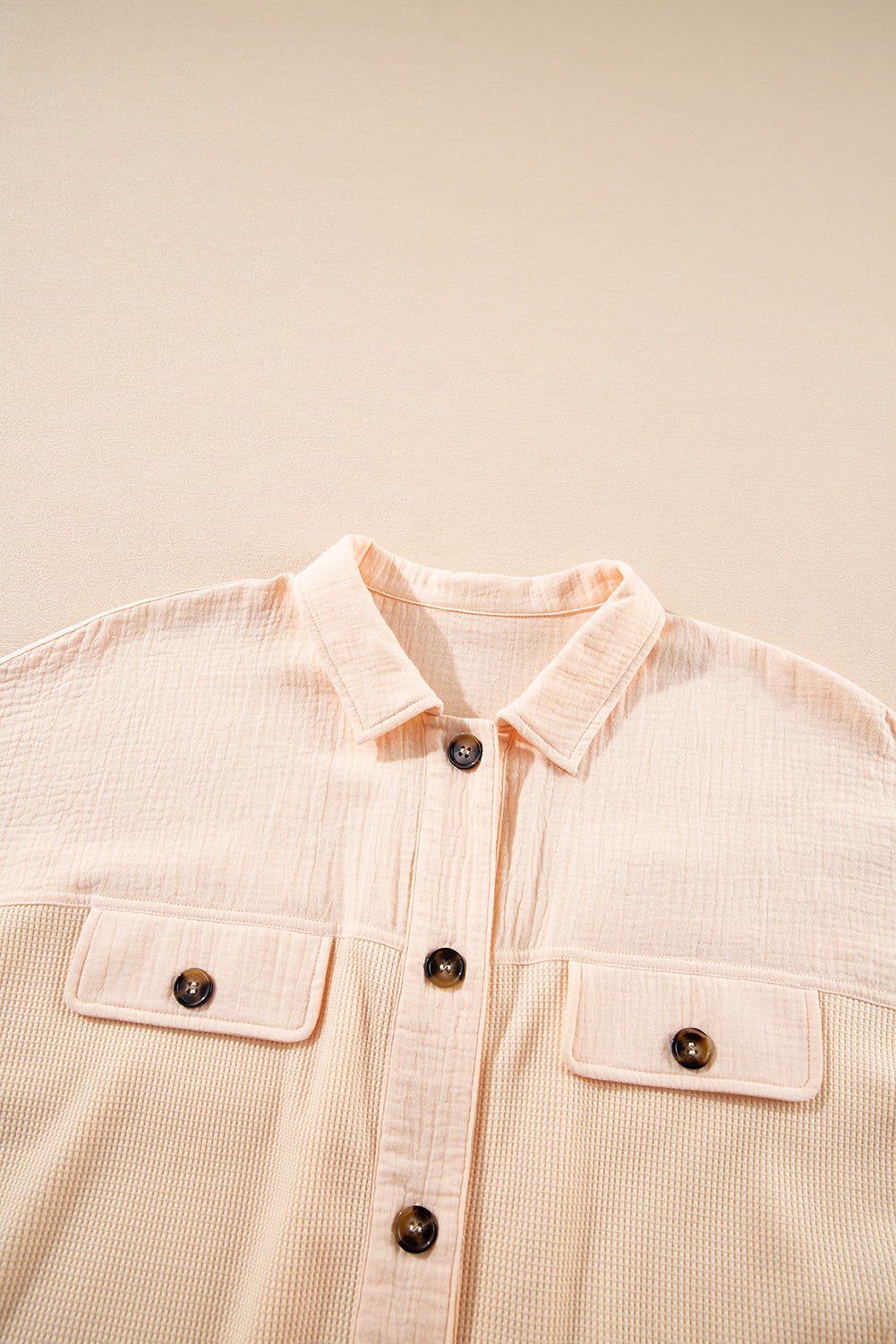 Beige Waffle Splicing Short Batwing Sleeve Flap Detail Shirt - - Tops/Blouses & Shirts