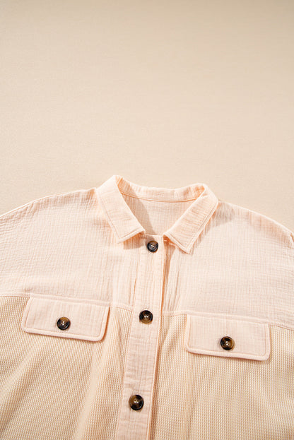 Beige Waffle Splicing Short Batwing Sleeve Flap Detail Shirt - - Tops/Blouses & Shirts