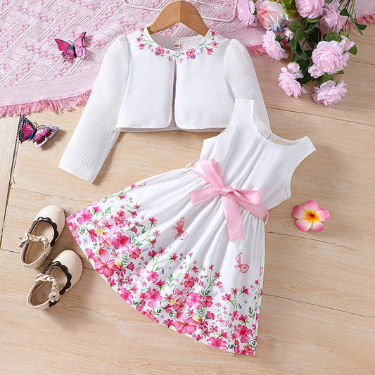 Girls Long Sleeve Cardigan and Floral Sundress Set Pink