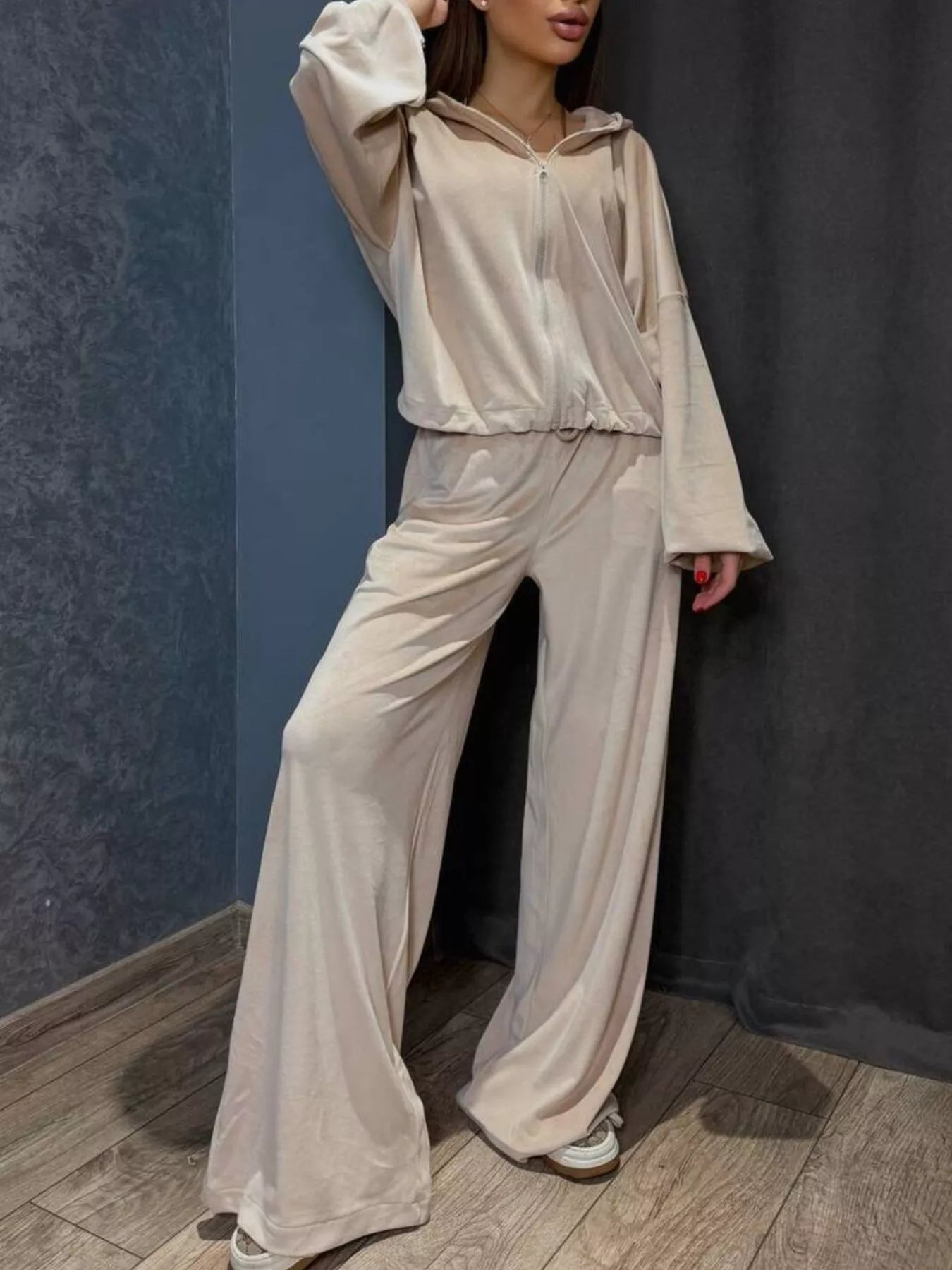 Zip Up Cropped Outerwear and Pants Set - Apricot -