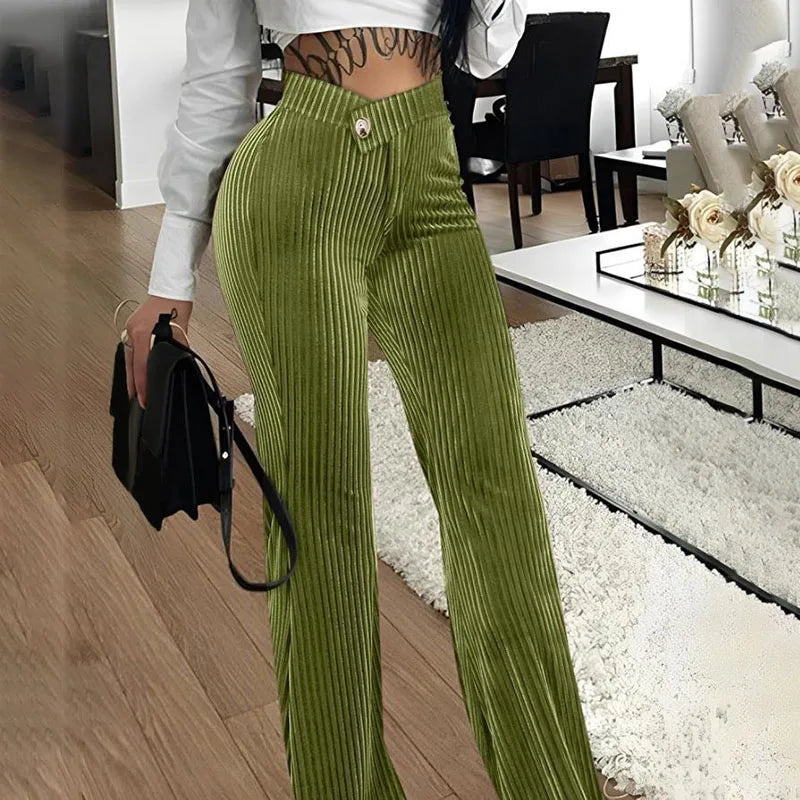 Women's Pants Overlap Waist Corduroy Plain High Waist Long Straight Legs Pants