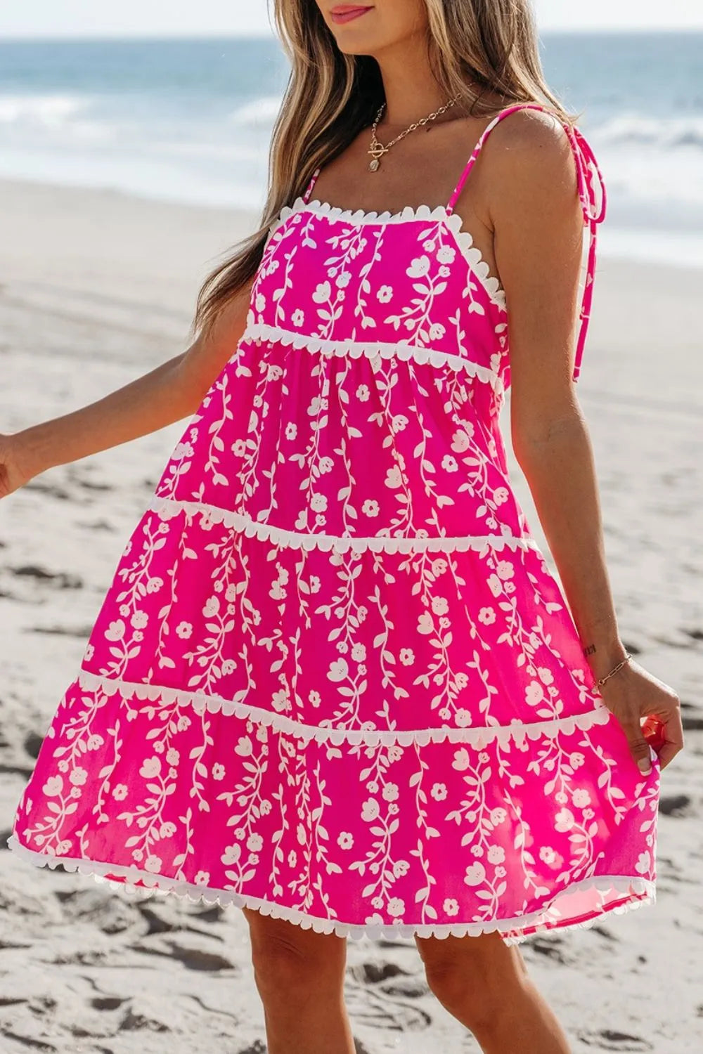 Floral Print Ric Rac Patched Sleeveless Mini Dress - -
