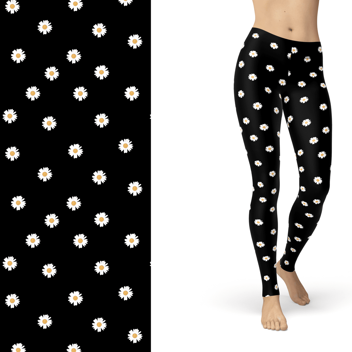 Daisy Flower Leggings Black and White with Left Side Pocket Active - Full - Apparel