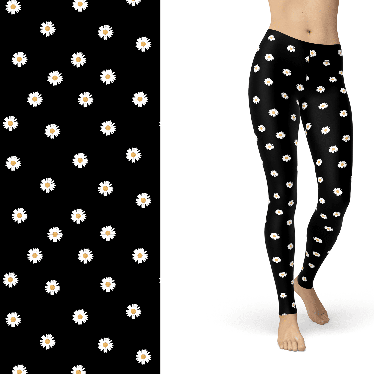 Daisy Flower Leggings Black and White with Left Side Pocket Active - Full - Apparel