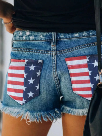 US Flag Distressed Denim Shorts with Frayed Hem - Pattern A -