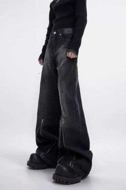 Men's Plus Size Washed Flare Jeans with Zipper Detail - -